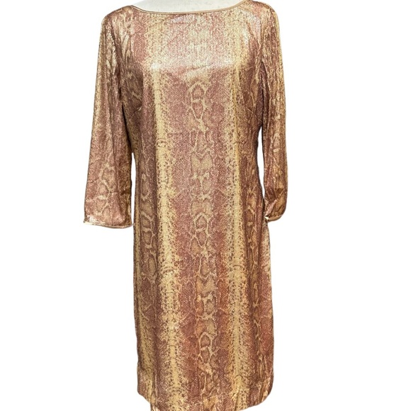 Tahari Sequin Snake Print Sheath Dress With Drape Back - Picture 4 of 12